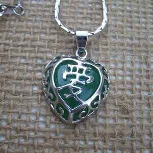 Green Agate Love Kanji Heart Pendant Necklace